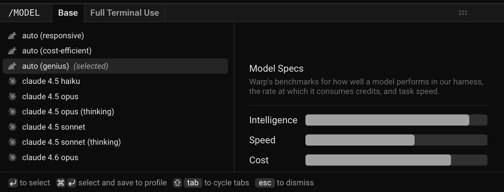 Model selector dropdown showing available models with Intelligence, Speed, and Cost benchmarks