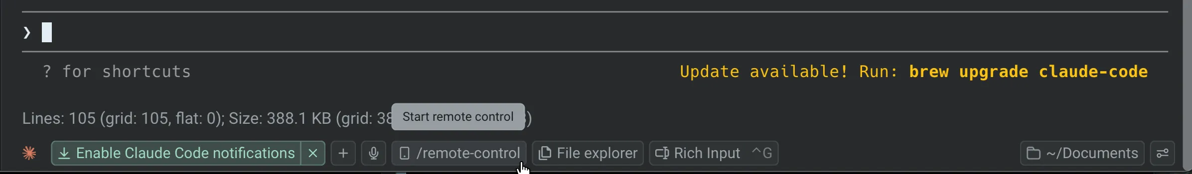 The /remote-control chip in the agent utility bar with a Start remote control tooltip